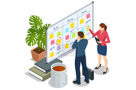 Illustration for Isometric Project manager updating tasks and milestones progress planning. Digital Calendar Schedule. Schedule for plan tasks and progress. Strategy for construction and operations. - Royalty Free Image