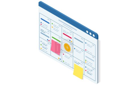 Illustration for Isometric Business Project Management System. Planning showing tasks and deadlines. Project manager updating tasks and milestones progress planning. Digital Calendar Schedule - Royalty Free Image