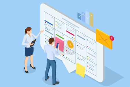 Illustration for Isometric Business Project Management System. Project manager updating tasks and milestones progress planning. Digital Calendar Schedule. Scrum task board. - Royalty Free Image