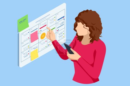 Illustration for Isometric Business Project Management System. Scrum task board Project manager updating tasks and milestones progress planning. Digital Calendar Schedule. - Royalty Free Image
