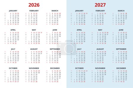 Téléchargez les illustrations : Modèle de calendrier trimestriel pour 2026, 2027 année. Grille du calendrier mural dans un style minimaliste. La semaine commence le dimanche. - en licence libre de droit