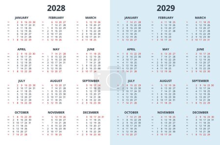 Téléchargez les illustrations : Modèle de calendrier pour 2028, 2029 année. Grille du calendrier mural dans un style minimaliste. La semaine commence le dimanche - en licence libre de droit