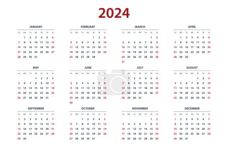 Téléchargez les illustrations : Modèle de calendrier trimestriel pour 2024 année. Grille du calendrier mural dans un style minimaliste. La semaine commence le dimanche - en licence libre de droit