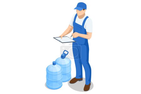 Ilustración de Un repartidor de agua isométrico. Un empleado con una camiseta de gorra azul ropa de trabajo uniforme que trabaja como un distribuidor de mensajería sostiene una botella de agua grande. - Imagen libre de derechos