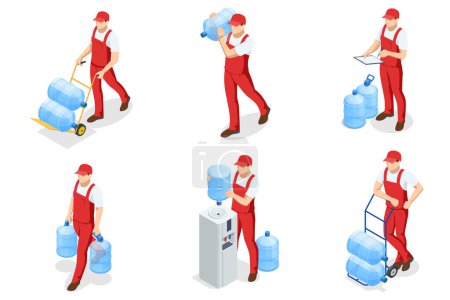 Un repartidor de agua isométrico. Un empleado con una camiseta de gorra roja ropa de trabajo uniforme que trabaja como mensajero distribuidor sostiene una botella de agua grande.