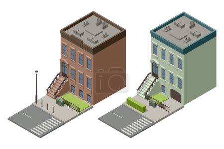 Isometrische New Yorker Altbauten in Manhattan. Brooklyn Apartment. Altes abstraktes Gebäude und Fassade. Fassaden von Retro-Häusern, New Yorker Straßen oder dem alten Brooklyn