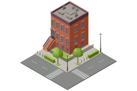Isometric New York Old Manhattan Houses. Brooklyn Apartment. Old Abstract Building and Facade. Facades of Retro Houses, New York Streets or Old Brooklyn