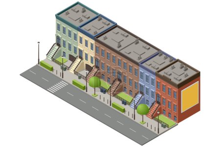 Isometric New York Old Manhattan Houses. Brooklyn Apartment. Ancien bâtiment abstrait et façade. Façades de maisons rétro, rues de New York ou vieux Brooklyn