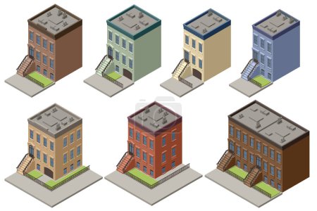 Isometric New York Old Manhattan Houses. Brooklyn Apartment. Old Abstract Building and Facade. Facades of Retro Houses, New York Streets or Old Brooklyn