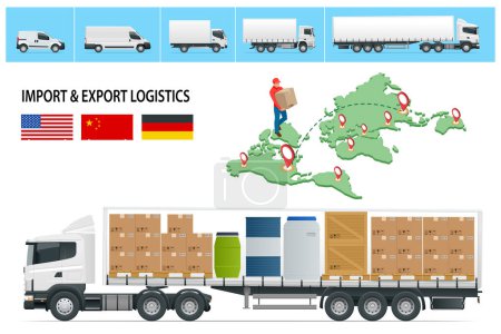Isometric Shipping, Logistic Systems, Cargo transport. Big commercial semi truck with trailer. Cargo Truck transportation, delivery, boxes. Delivery and shipping business cargo truck