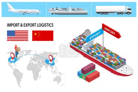 Isometrische Logistiksysteme. Containerschiff und Trockenfrachter. Import oder Export von Dienstleistungen. Seefrachtspedition. Seetransportlogistik. Seefracht
