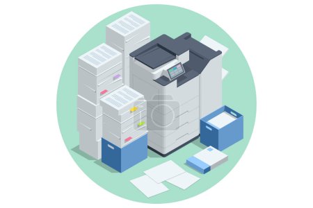 Illustration for Isometric Office Multi-function Printer scanner. Print, copy, scan, fax. For office documents, presentations and marketing collateral, with enterprise-level performance. - Royalty Free Image