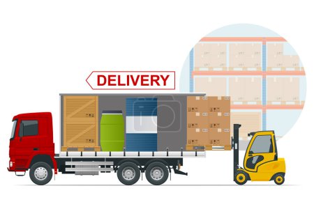 Ilustración de Carga completa de camiones, envío, sistemas logísticos, transporte de carga. Transporte de camiones de carga, entrega, cajas. Entrega y envío camión de carga de negocios - Imagen libre de derechos