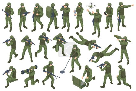 Isometric Attack Soldiers. Special force crew. Military concept for army, soldiers and war. Soldier holding a rifle