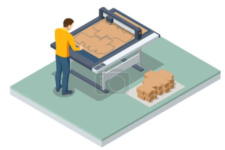 Isometric, Cutter in a printing company. Cutting plotter. Printing house production process facilities equipment. The man is working with laser cutter machine and takes out the finished product.