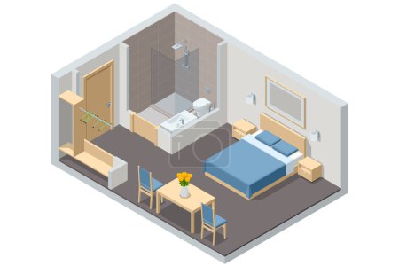 Isometrische Suite mit modernem Schlafzimmer im Hotel. Hotel einchecken und sich in den Zimmern erholen. Genießen Sie den Urlaub und die Ferien. Mobile Anwendung, Hotelbuchung online auf Website