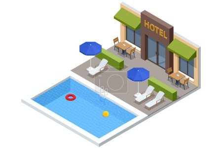 Isometric Modern Bedroom Suite in Hotel. Luxury Gotel and Exterior Design Pool Villa with Living Room, Sunbed and Sofa. Enjoy the Holiday and Vacation. Mobile Application, Hotel Booking Online.