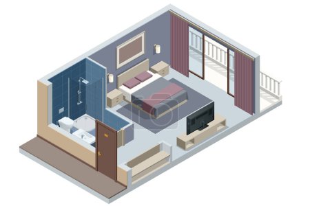 Isometric Modern Bedroom Suite in Hotel. Hôtel Enregistrement et se reposer dans leurs chambres. Profitez des vacances et des vacances. Application mobile, réservation d'hôtel en ligne sur le site