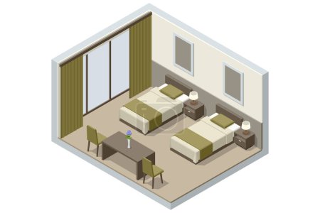 Isometrische Suite mit modernem Schlafzimmer im Hotel. Hotel einchecken und sich in den Zimmern erholen. Genießen Sie den Urlaub und die Ferien. Mobile Anwendung, Hotelbuchung online auf Website.