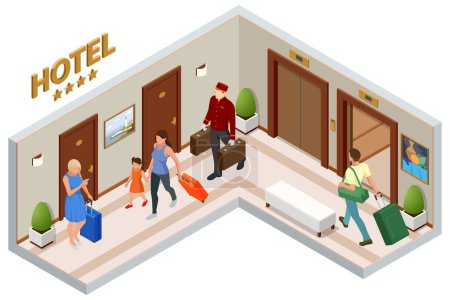 Ilustración de Portero isométrico con equipaje, Bellhop en uniforme. Un portero lleva maletas de huéspedes del hotel a su habitación. Disfrute de las vacaciones y vacaciones - Imagen libre de derechos
