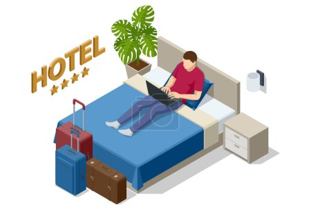 Isometrische Suite mit modernem Schlafzimmer im Hotel. Hotel einchecken und sich in den Zimmern erholen. Genießen Sie den Urlaub und die Ferien. Mobile Anwendung, Hotelbuchung online auf Website.