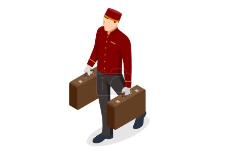Portero isométrico con equipaje, Bellhop en uniforme y un carrito de equipaje del hotel cargado con maletas y bolsos Disfrute de las vacaciones