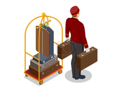 Portero isométrico con equipaje, Bellhop en uniforme y un carrito de equipaje del hotel cargado con maletas y bolsos Disfrute de las vacaciones