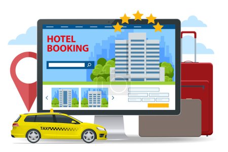 Isométrico concepto de reserva de hotel en línea. Comprar billete con smartphone. La gente reserva de hotel y reserva de búsqueda de vacaciones. Smartphone mapas gps ubicación.