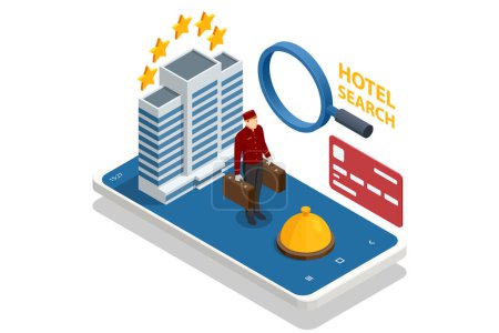 Isométrico Online Hotel Booking Concept. Personajes Planificación de viaje y elección de destino. Personas que reservan hotel y busquen reserva para vacaciones. Mapas de Smartphone Ubicación GPS.