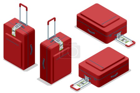 Isometrische Gepäckanhänger mit Barcode. Gepäckinformationen und Identifikationsband-Attrappe. Reisebarcode. Flughafen-Gepäckaufkleber mit Barcode