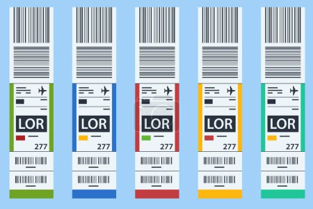 Luggage paper tags with barcode. Baggage information and identification tape mockup. Travel transportation bar code. Airport luggage barcode sticker. Sticky baggage label, hand luggage tag template