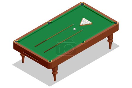 Isometric billiard table isolated on white background. Billiard table with green surface and balls in the billiard club.Pool Game. Snooker billiard.