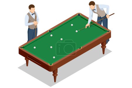 Isometric billiard table isolated on white background. Billiard table with green surface and balls in the billiard club.Pool Game. Snooker billiard.