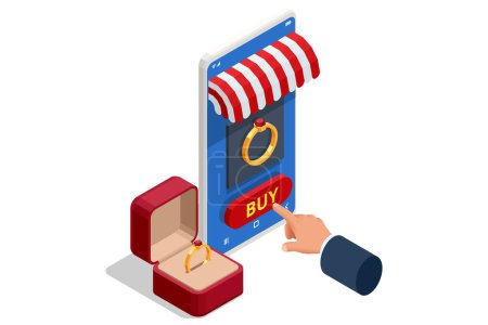 Isométrica Joyas elegantes. Hombre con un smartphone eligiendo un anillo de oro en la tienda online que se exhibe en la joyería. Boutique de joyas. Tienda online de joyas doradas