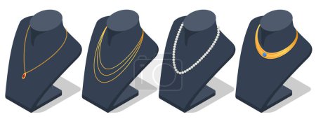 Isometric jewelry necklaces, gold necklaces, chains, and beads with gold pendants. Cartoon jewellery shop showcase. Golden jewel shop