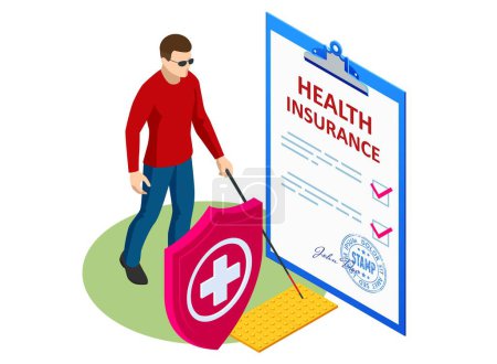 Isometric Isometric Health insurance concept. Healthcare, finance and medical service. Medical Document Form. Blind man with a cane walking.