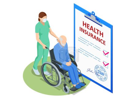 Isometric Health insurance concept. Healthcare, finance and medical service. Medical Document Form. People with disability, person who uses a wheelchair, wheelchair user