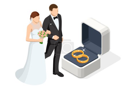 Isometrische Goldene Eheringe in einer Geschenkbox, der Bräutigam im Anzug und die Braut im braunen Brautkleid. Trauung. Hochzeitstag Ehekonzept.