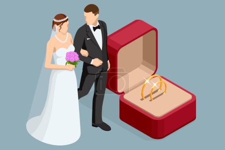 Ilustración de Isométricos anillos de oro en una caja de regalo, el novio en un traje y la novia en un vestido de novia marrón. Ceremonia de boda. Día de la boda - Imagen libre de derechos