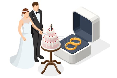 Isometric Golden wedding rings in a gift box, the groom in a suit and the bride in a brown wedding dress. Wedding cake with berries, figurines of bride and groom on top. Wedding ceremony.