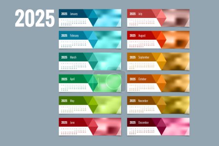 Kalenderplaner für 2025. Vector Stationery Design Print 2025 Vorlage mit Platz für Foto, Ihr Logo und Text. Kalenderentwurf 2025.