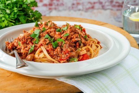 Photo for Chilli tuna with linguine pasta - Royalty Free Image