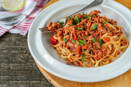 Photo for Chilli tuna with linguine pasta - Royalty Free Image