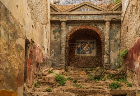 Photo for POMPEI ITALY - SEPTEMBER 20 2023: Wall murials inside a building in Pompeii city destroyed in 79BC by eruption of Mount Vesuvius. The ruins of Pompeii are part of the UNESCO World Heritage sites - Royalty Free Image