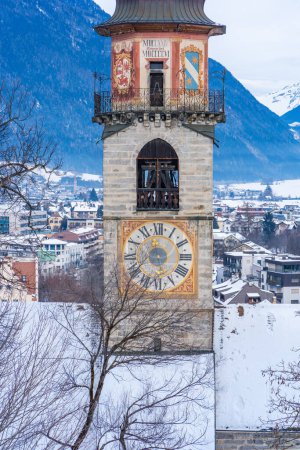 View of Bruneck-Brunico and bell tower of the St Katherine's Church built in 1345, Italy
