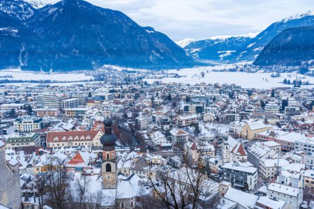 Aerial view of Brunico (Bruneck), South Tyrol, Italy in the winter.