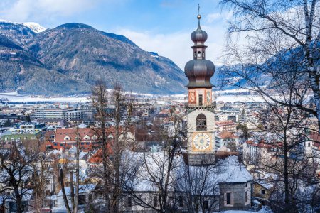 View of Bruneck-Brunico and St Katherine's Church built in 1345, Italy