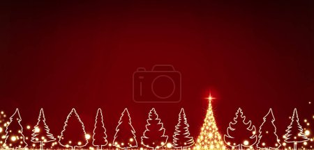 Téléchargez les photos : Fond de Noël avec sapins isolés sur rouge - en image libre de droit