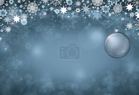 Foto de Fondo de invierno con marco de copos de nieve y bola de Navidad aislado sobre fondo gris - Imagen libre de derechos