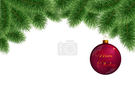 Foto de Rama de abeto con bola roja aislada en blanco. Fondo de Navidad . - Imagen libre de derechos